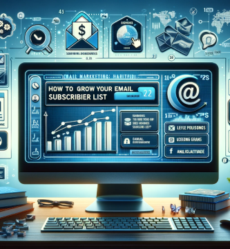 La imagen es una representación visual del tema "Cómo hacer crecer tu lista de suscriptores al correo", en formato 16:9. Los elementos clave de la imagen incluyen: 1. **Pantalla de Computadora**: La imagen central muestra una pantalla de computadora que exhibe una plataforma de marketing por correo electrónico. 2. **Formulario de Inscripción Atractivo**: En la interfaz se destaca un formulario de suscripción diseñado de manera atractiva, que ofrece incentivos como descuentos o libros electrónicos gratuitos para alentar a los visitantes a suscribirse. 3. **Diseños de Boletines por Correo Electrónico**: Se muestran varios diseños de boletines por correo electrónico, enfatizando la importancia de crear contenido atractivo y relevante para mantener el interés de los suscriptores. 4. **Integración con Plataformas de Redes Sociales**: Alrededor de la pantalla de la computadora, hay iconos de redes sociales, indicando la integración de la estrategia de correo electrónico con las redes sociales para ampliar el alcance y atraer más suscriptores. 5. **Uso de Análisis**: La imagen también incluye representaciones de gráficos y tablas, sugiriendo el uso de herramientas analíticas para rastrear el rendimiento de las campañas de correo electrónico y ajustar las estrategias según sea necesario. 6. **Fondo con Motivos de Marketing Digital**: El fondo de la imagen tiene motivos relacionados con el marketing digital, reflejando un enfoque estratégico y conocedor de la tecnología para el crecimiento de una lista de suscriptores de correo electrónico. En conjunto, la imagen transmite la variedad de tácticas y herramientas que se pueden emplear para incrementar eficazmente el número de suscriptores a una lista de correo, destacando la importancia de una presentación atractiva, contenido valioso, y la integración de múltiples plataformas y análisis en la estrategia de marketing por correo electrónico.