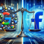Aquí tienes una ilustración que representa la competencia en publicidad digital entre Google y Facebook. La imagen muestra ambos gigantes tecnológicos, con Google en un lado y Facebook en el otro, simbolizando su rivalidad en el mundo de la publicidad digital.